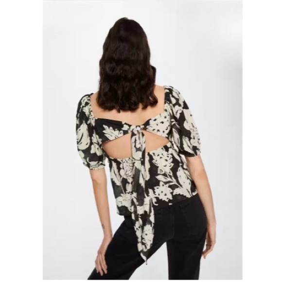 Mango black/ivory puff sleeve open back floral top - Picture 4 of 11